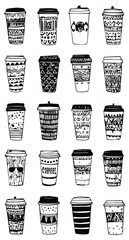 A striking black and white collection of twenty hand-drawn, disposable coffee cups featuring a wide variety of intricate and aesthetic surface patterns. The detailed illustrations include abstract, ge
