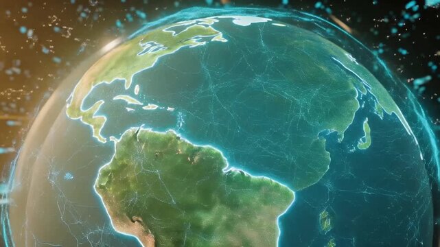 Holographic planet globe of Earth from space digital globe with multiple layers of data points and graphs, with an illuminated padlock icon in the center representing global security 3d rendering