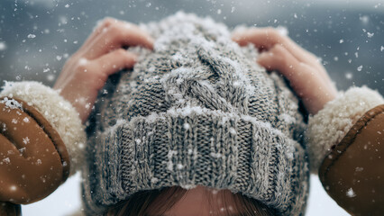 Cozy Knit Winter Hat Covered in Snowflakes