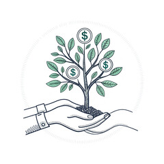 Hands holding a growing money tree with dollar coins silhouette