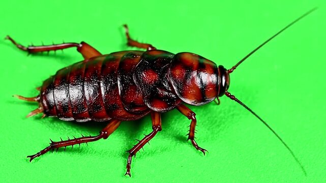 Chroma Key Creature Element with madagascar cockroach crawls green screen view from above distortion, overlay, glitch, static noise, scan lines on black background, 4k animated video loop