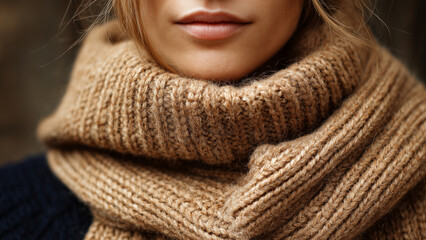 Close-up of Woman Wearing Cozy Knitted Scarf