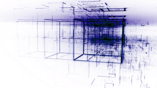 Futuristische technische Zeichnung aus dynamischen Linien in abstrakter moderner Geometrie - Technologie, Architektur, Skizze, Scribble, Vision, Minimalismus, Konzept, Struktur, Entwicklung, violett

