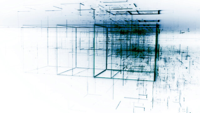 Futuristische technische Zeichnung aus dynamischen Linien in abstrakter moderner Geometrie - Technologie, Architektur, Skizze, Scribble, Vision, Minimalismus, Konzept, Struktur, Entwicklung, violett
