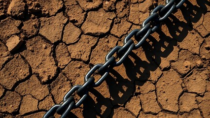 restraint. A heavy chain pattern pressed into the cracked, dry earth surface. wellbeing guides, coaching materials, designed for mental health education and mindfulness programs.