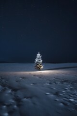 Snow covered flat field stretching into horizon at twilight with lone glowing lamp post standing in silent cold winter scene snow covered tree