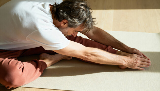 A fit middle-aged man doing a seated forward bend yoga pose on a mat. Man stretching during a morning workout in bright sunlight. Flexibility and wellness concept