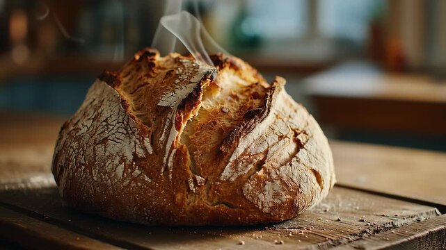 Artisan sourdough bread baking process with crust formation and steam rising warm loaf