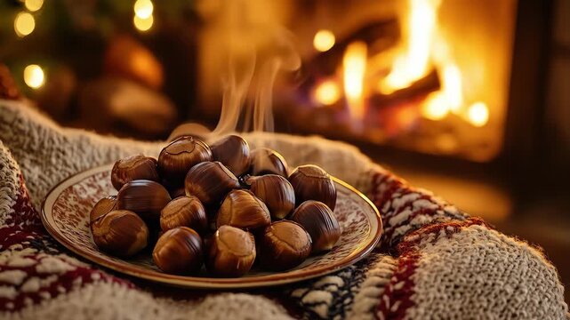 Roasted chestnuts on vintage ceramic plate next to fireplace, warm firelight illuminating the scene, steam rising from hot chestnuts, video