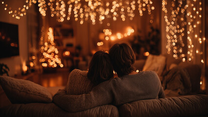 Romantic Couple Relaxing Together Under Warm Christmas Lights
