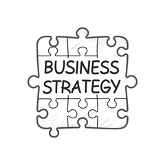 Puzzle pieces forming the words business strategy silhouette