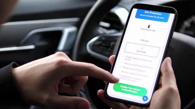 Closeup of a mans hands in a parked car strengthening his account security by setting up two-factor authentication via email verification. The complete process from reading instructions to successful