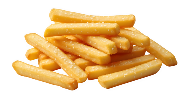 A small pile of golden french fries sprinkled with salt, perfectly cooked and presented as a classic fast food side dish, isolated on transparent background