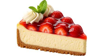 A delicious slice of strawberry cheesecake topped with fresh strawberry halves, sweet glaze, whipped cream swirl, and a sprig of mint, isolated on transparent background