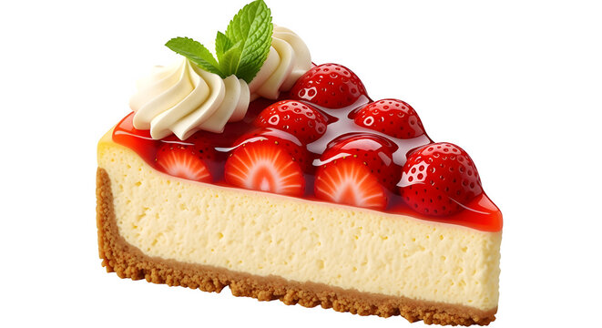 A delicious slice of strawberry cheesecake topped with fresh strawberry halves, sweet glaze, whipped cream swirl, and a sprig of mint, isolated on transparent background - Powered by Adobe