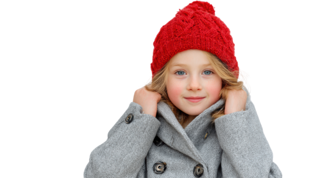 A cheerful girl wearing a red knit hat and a grey coat, smiling against a white background.