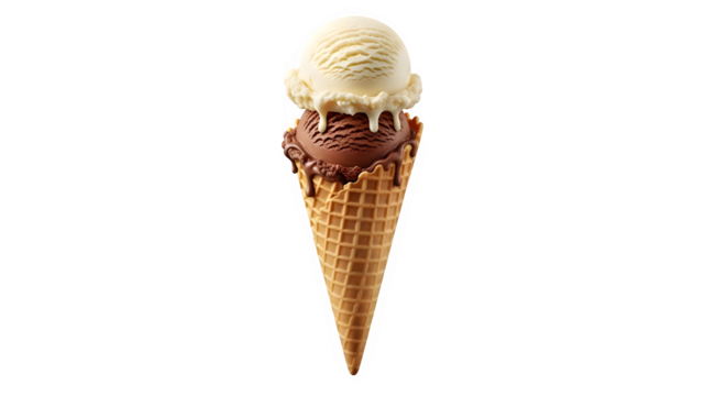 Delicious double scoop ice cream cone with vanilla and chocolate flavor melting slightly, isolated on transparent background - Powered by Adobe