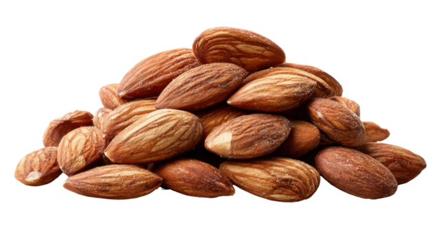 A close-up of raw almonds piled together on a white isolated background.
