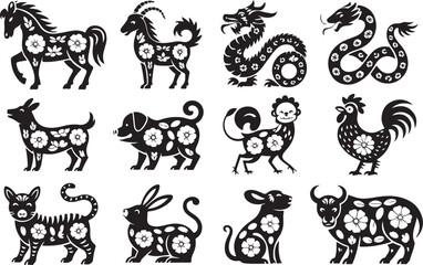 Traditional chinese horoscope with flowers. Chinese new year animals set, tiger and snake, dragon and pig vector mascot drawings with flora patterns