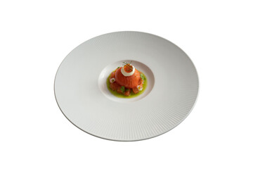 A visually stunning plate of gourmet dish, featuring salmon roe and vegetables. The dish is presented on a minimalist white plate