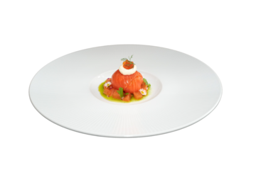 A beautifully plated salmon dish with a garnish. The dish is a fine dining experience, with attention to detail and a focus on presentation
