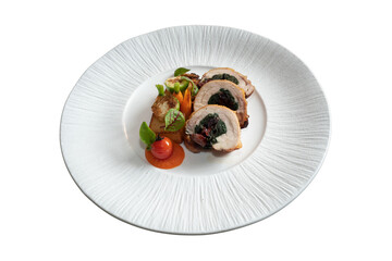 Deliciously plated food with a visually appealing presentation on a white textured plate. The meal's composition and textures suggest culinary excellence. 