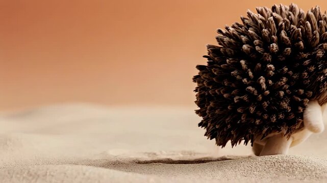 Cartoon hedgehog w/ dusty brown quills, rosy cheeks, in sandy desert setting
