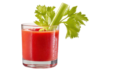 A refreshing cocktail in a glass, featuring vibrant red tomato juice and a crisp celery garnish.