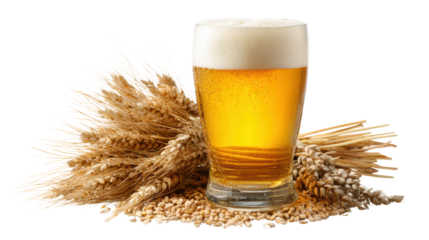 A refreshing glass of beer with a frothy head, surrounded by golden wheat stalks against a white background.