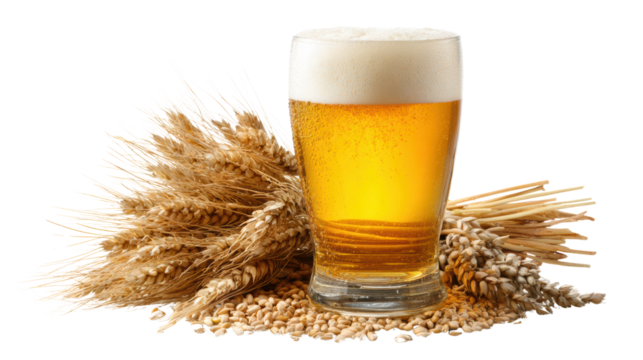 A refreshing glass of beer with a frothy head, surrounded by golden wheat stalks against a white background.