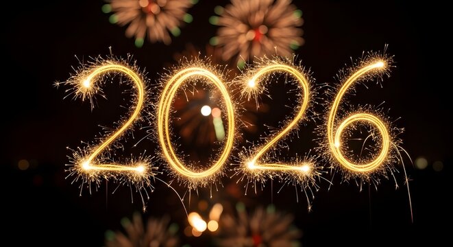 The year 2026 written in bright glowing sparkler trails against a dark night background with blurred fireworks. Festive holiday concept