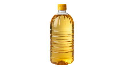 Golden cooking oil in clear bottle with yellow cap, perfect for culinary creations, healthy recipes, and adding flavor to your favorite dishes