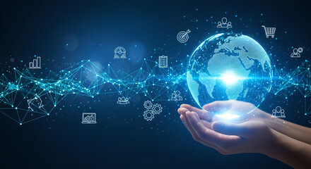 Global Network Business Technology Hands Blue Digital Copy Space
