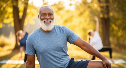 Happy senior man smiling during outdoor yoga class with others.