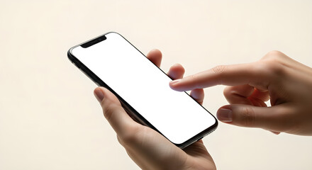 Female Hand Touching Smartphone Blank Screen Mockup Copy Space