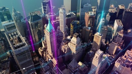 Aerial view of a financial district showing urban network technology. Glowing lines illustrate data streaming through futuristic smart city - Powered by Adobe