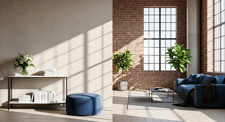 Modern Living Room Interior Exposed Brick Wall Blue Couch Copy Space