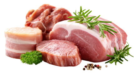 Assorted fresh meats with herbs and spices, ideal for culinary presentations.