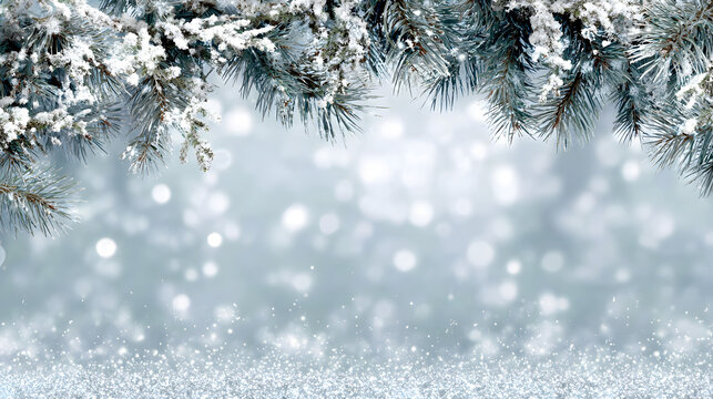 Snowy winter wonderland border with frosted pine sprigs, shimmering flakes and open bright background - Powered by Adobe