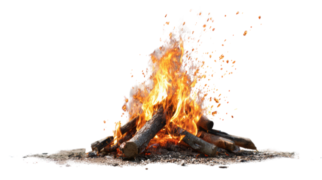 Bonfire with bright flames and burning logs on a white isolated background.