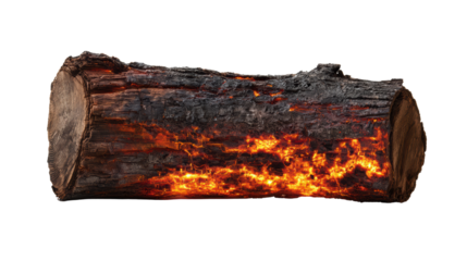 Burning log, glowing interior, isolated on white background.