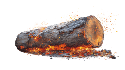 Burning log with flames and sparks against a white background.