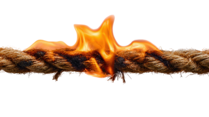 Burning rope with flames, symbolizing tension, struggle, and destruction on a transparent background.