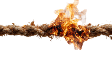 Burning rope on transparent background depicting destruction and tension.