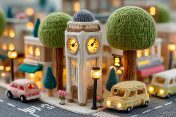 small town scene, clock tower, parked car, brown and gray color palette, soft lighting, inviting atmosphere, suitable for travel blogs, local business promotions, community events advertising