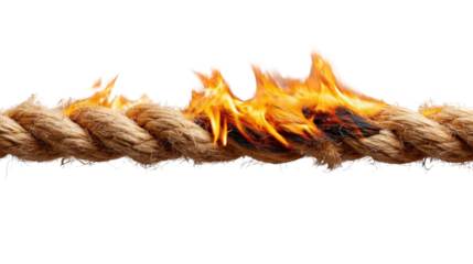 Burning rope with flames, isolated on white background.