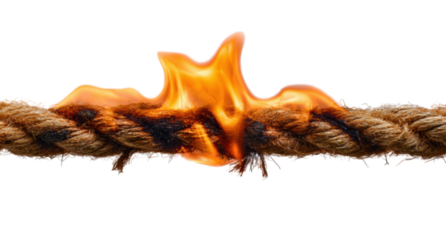 Burning rope with flames, symbolizing tension, struggle, and destruction on a transparent background.