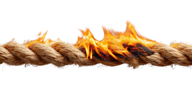 Burning rope with flames, isolated on white background.