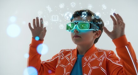 A child wearing futuristic augmented reality glasses for immersive learning. Boy interacting with holographic STEM icons. Education technology and the beta generation concept