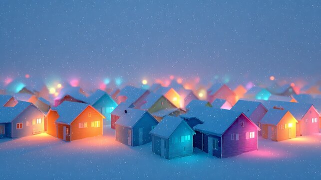 Snow-covered rooftops glowing with festive colorful lights - Powered by Adobe